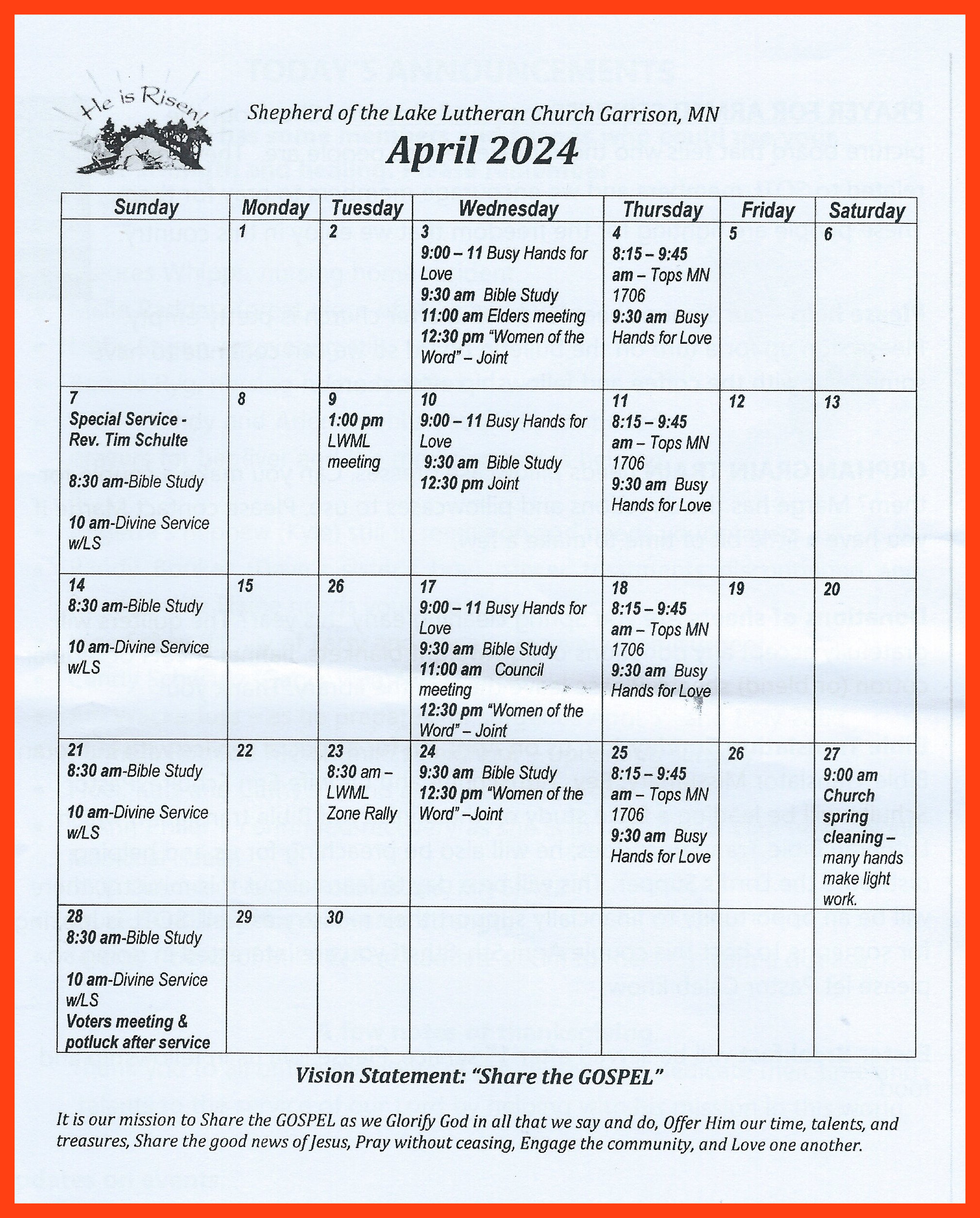 Calendars | Shepherd of the Lake Lutheran Church